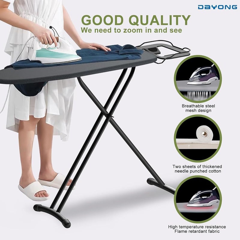 دايونغ طاولة الكي DAYONG 12"x36"، قابلة لتعديل الارتفاع، مزودة بمسند للمكواة البخارية وأغطية مقاومة للحرارة، طاولة كي قابلة للطي للاستخدام المنزلي (سوداء) - Image 3