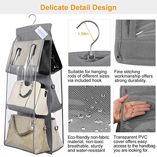 OxbOw Non-Woven Fabric 2Pcs Combo 6 Pocket Foldable Hanging Purse Handbag Organizer For Storage Ladies Women Large Clear Hand Bag Storage Organizer (2 Pcs Grey + Black) - Image 4