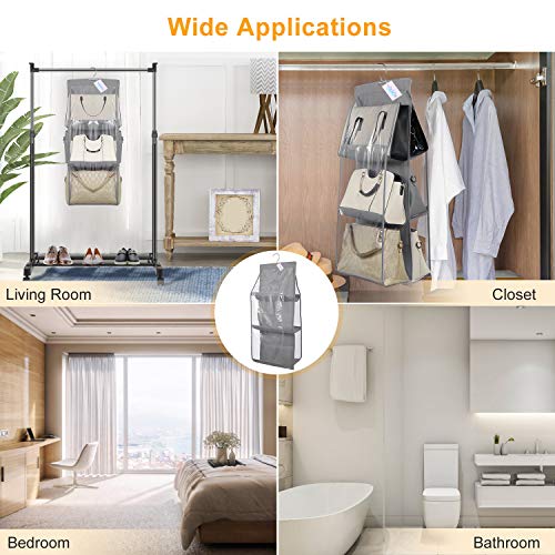 OxbOw Non-Woven Fabric 2Pcs Combo 6 Pocket Foldable Hanging Purse Handbag Organizer For Storage Ladies Women Large Clear Hand Bag Storage Organizer (2 Pcs Grey + Black) - Image 3