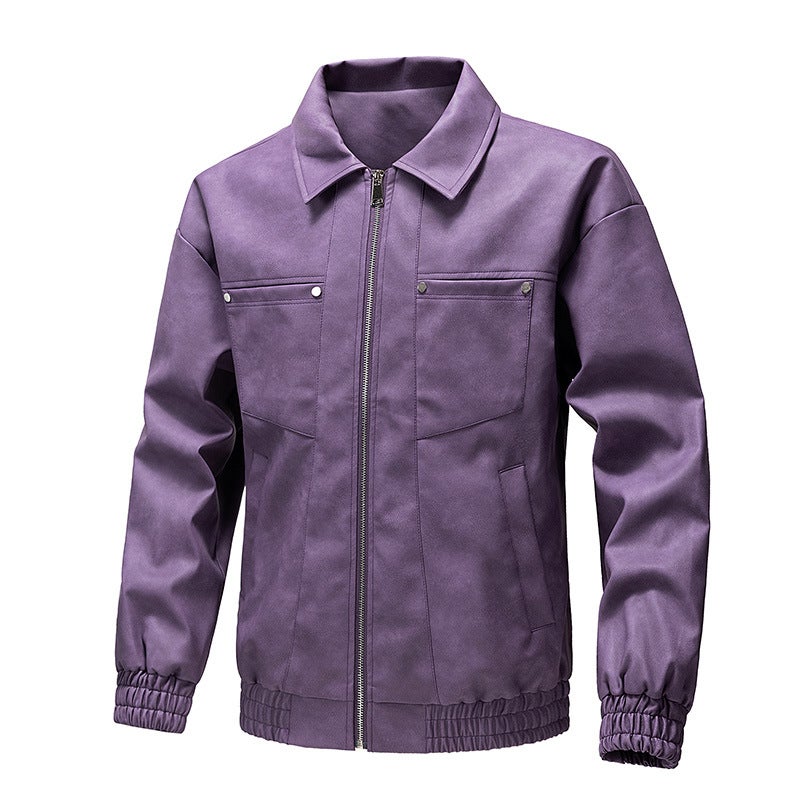 Leather 2024 Solid Color Distinctive Lapel Slim-Fit Fashion Men'S American Casual Pu Leather Jacket Men - Image 1