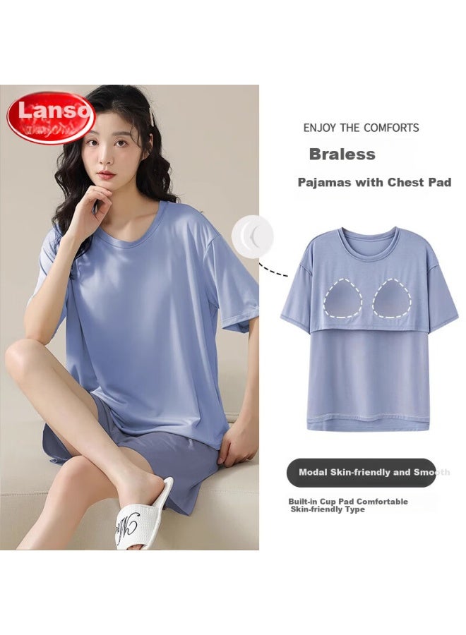 LANG SHA Langsha Women's Pajamas With Chest Pad Summer Modal Ice Silk Short Sleeve Shorts Round Neck Pullover Can Be Worn Outside Home Wear - Image 1