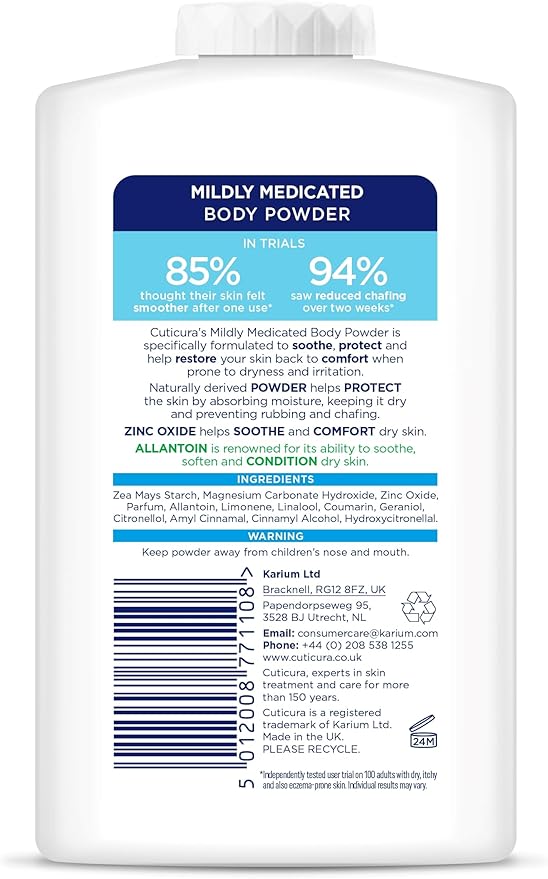 CUTICURA Mildly Medicated Body Powder 250 g Many Uses Personal Hygiene Sweat Control Chafing and Friction Prevention Itching Relief - Image 2