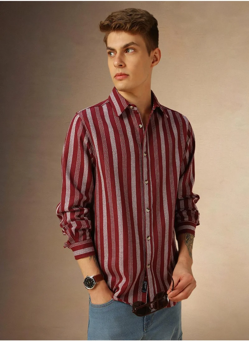 دينيس لينغو Men's Maroon Cotton Blend Striped Shirt