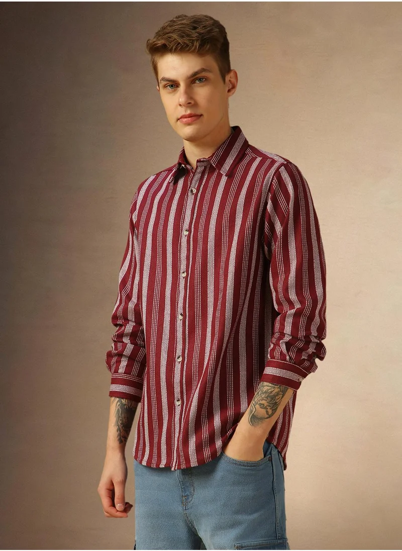 دينيس لينغو Men's Maroon Cotton Blend Striped Shirt