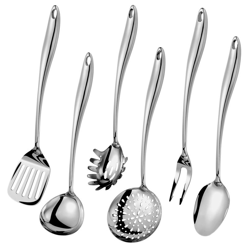 304 Stainless Steel Kitchen Utensils Set 6 Pcs Long Metal Cooking Utensil with Spatula Solid Spoon Ladle Skimmer Spaghetti Spoon Meat Fork Dishwasher Safe