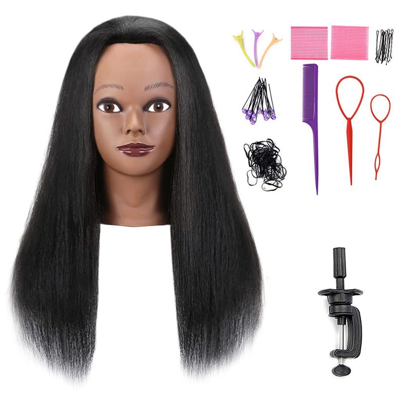 Armmu Mannequin Head with 100 Real Hair 18 Cosmetology Mannequin Manikin Training Practice Doll Head for Hairdresser Braiding Hair Styling Hairdressing with Clamp Holder Black