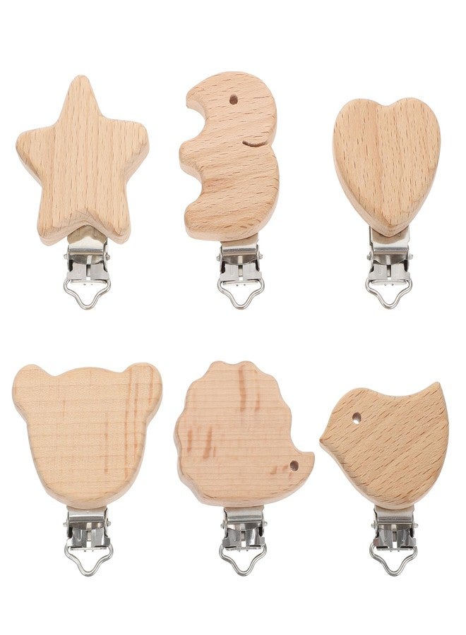 Garneck 6Pcs Natural Wood Suspender Pacifier Clips Cute Beech Wooden Animal Shape Clips Charm DIY Beading Pacifier Chain Accessory (Mixed Style) - Image 1