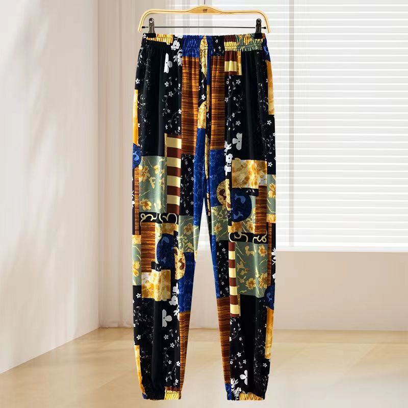 Guofeng Anti-mosquito Pants High Waist Womens Summer Thin Ice Silk Bloomers Stall Cool Pants Harlan Bundled Pants rich flower 
