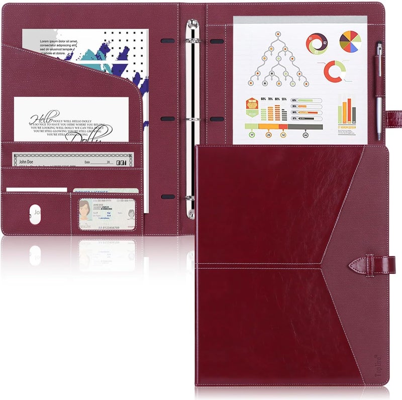 Toplive Padfolio 3 Ring Binder Organizer Business Portfolio Folder for Women, A4/ Letter Size PU Leather Portfolio Padfolio for Interview Conference Presentation, Wine Red - Image 1