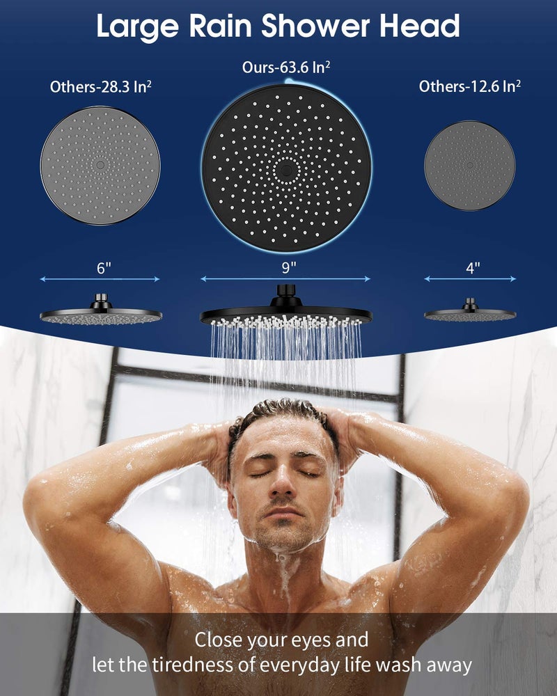 VMASSTONE Rain Shower Head VMASSTONE 9In High Pressure Showerhead - Tool Free Installation- with Large Spray Surfaces and 200 Nozzles for Delicate and Unstimulate Shower Experience (EM-001 Matte Black/Black) - Image 2