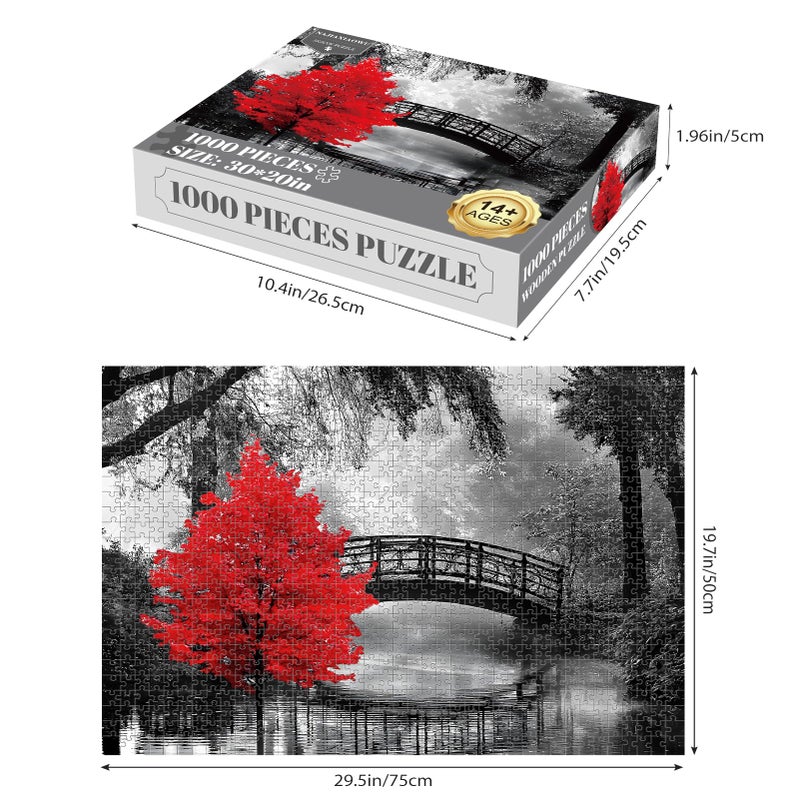 najiaxiaowu Adult Puzzle Classic Jigsaw Puzzle 1000 Pieces Wooden Puzzle DIY Black and White Bridge and Red Tree Modern Home Decor Intellectual Game Wall Art Unique Gift 75x50cm - Image 2