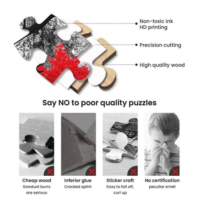 najiaxiaowu Adult Puzzle Classic Jigsaw Puzzle 1000 Pieces Wooden Puzzle DIY Black and White Bridge and Red Tree Modern Home Decor Intellectual Game Wall Art Unique Gift 75x50cm - Image 3