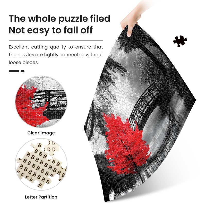 najiaxiaowu Adult Puzzle Classic Jigsaw Puzzle 1000 Pieces Wooden Puzzle DIY Black and White Bridge and Red Tree Modern Home Decor Intellectual Game Wall Art Unique Gift 75x50cm - Image 5