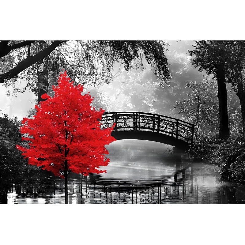 najiaxiaowu Adult Puzzle Classic Jigsaw Puzzle 1000 Pieces Wooden Puzzle DIY Black and White Bridge and Red Tree Modern Home Decor Intellectual Game Wall Art Unique Gift 75x50cm - Image 1