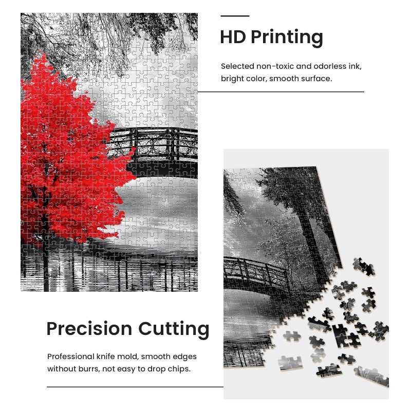najiaxiaowu Adult Puzzle Classic Jigsaw Puzzle 1000 Pieces Wooden Puzzle DIY Black and White Bridge and Red Tree Modern Home Decor Intellectual Game Wall Art Unique Gift 75x50cm - Image 4