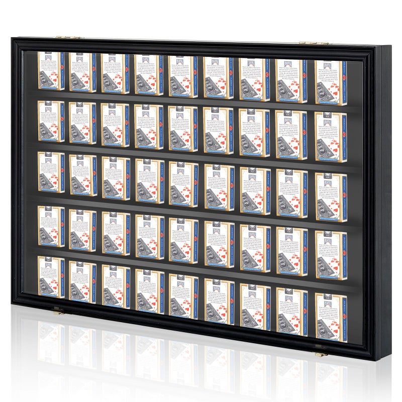 Beeveer Playing Card Display Case 3228 x 2146 x 224 Inch Solid Wood Sport Cards Display Frame Holds 60 Decks Collectible Poker Cards Lockable Wall Cabinet Acrylic Door UV Protection Black
