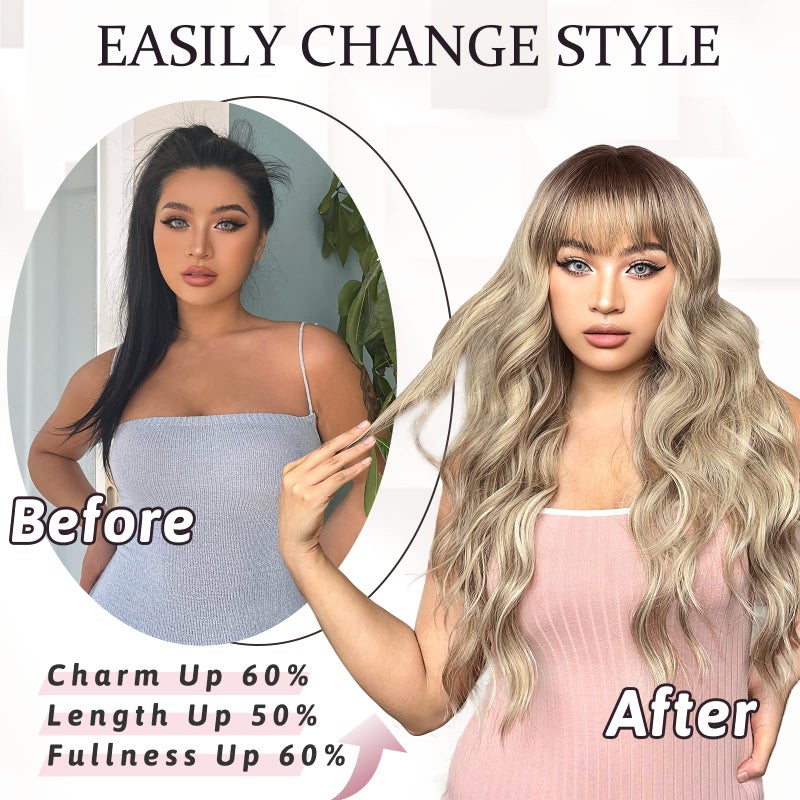 NAYOO Blonde Wigs with Bangs for Women Long Curly Wavy Hair Wigs Heat Resistant Synthetic Fiber Wigs for Daily Party Use 26 Inches (Dirty Blonde) - Image 4