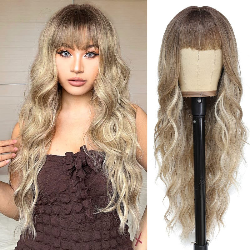 NAYOO Blonde Wigs with Bangs for Women Long Curly Wavy Hair Wigs Heat Resistant Synthetic Fiber Wigs for Daily Party Use 26 Inches (Dirty Blonde) - Image 1