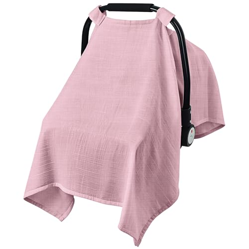 C COMCROSFLY Baby Car Seat Cover 100 Muslin Carseat Cover Universal Carseat Covers Baby Girl Infant Car Seat Cover for Sun Bug and Comfort Protection Pink - Image 1