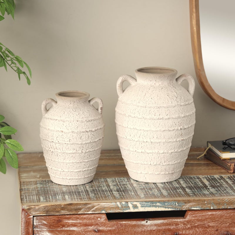 Deco 79 Ceramic Decorative Vase Textured Centerpiece Vases with Handles and Terracotta Accents, Set of 2 Flower Vases for Home Decoration 11', 9'H, Cream - Image 3