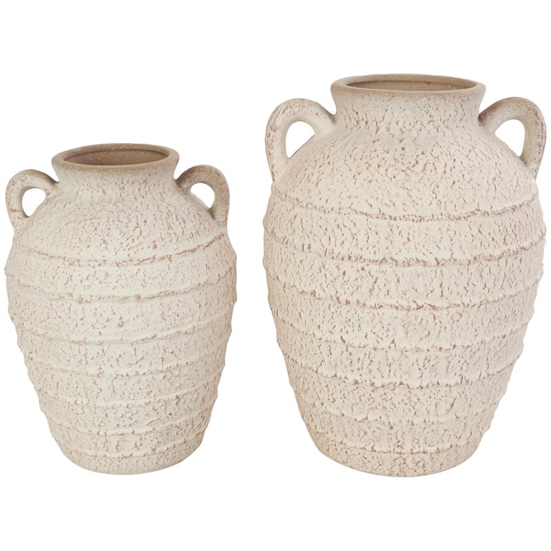 Deco 79 Ceramic Decorative Vase Textured Centerpiece Vases with Handles and Terracotta Accents, Set of 2 Flower Vases for Home Decoration 11', 9'H, Cream - Image 1