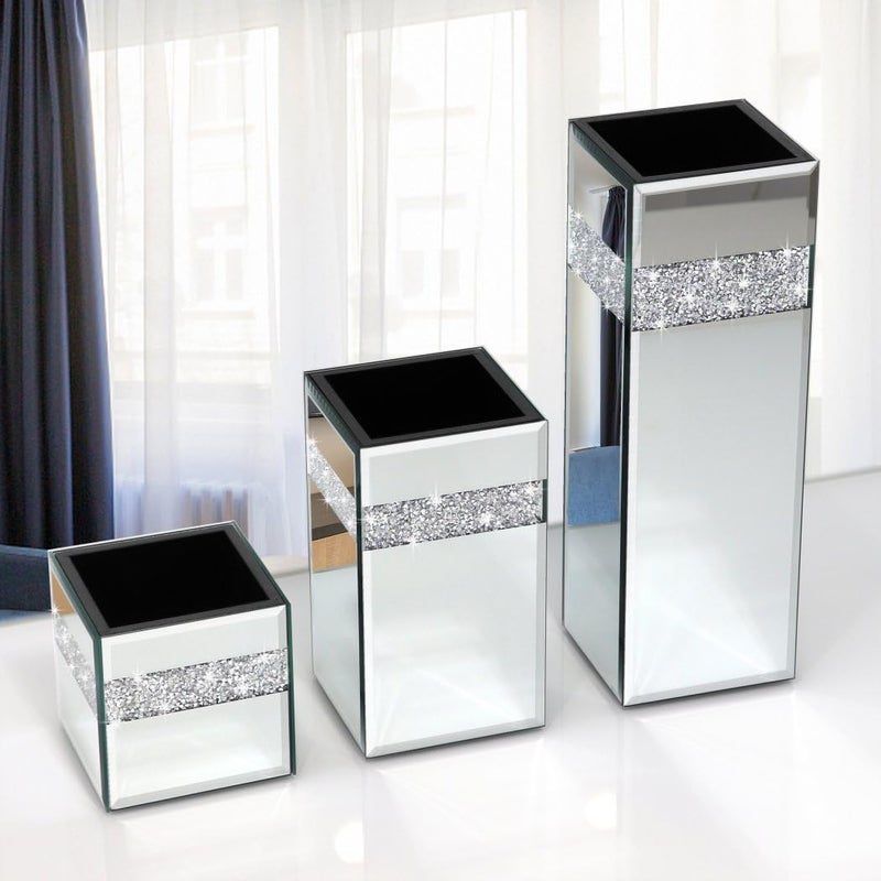 Crushed Diamond Mirrored Vase 6x6x10 inch Crystal Silver Glass Stunning Decorative Vase Flower Luxury for Home Decor Cant Hold Water