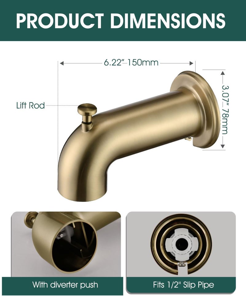 LOCALAND Extra Long Tub Spout with Diverter, Fits for 1/2" IPS Threads,Brushed Gold - Image 5