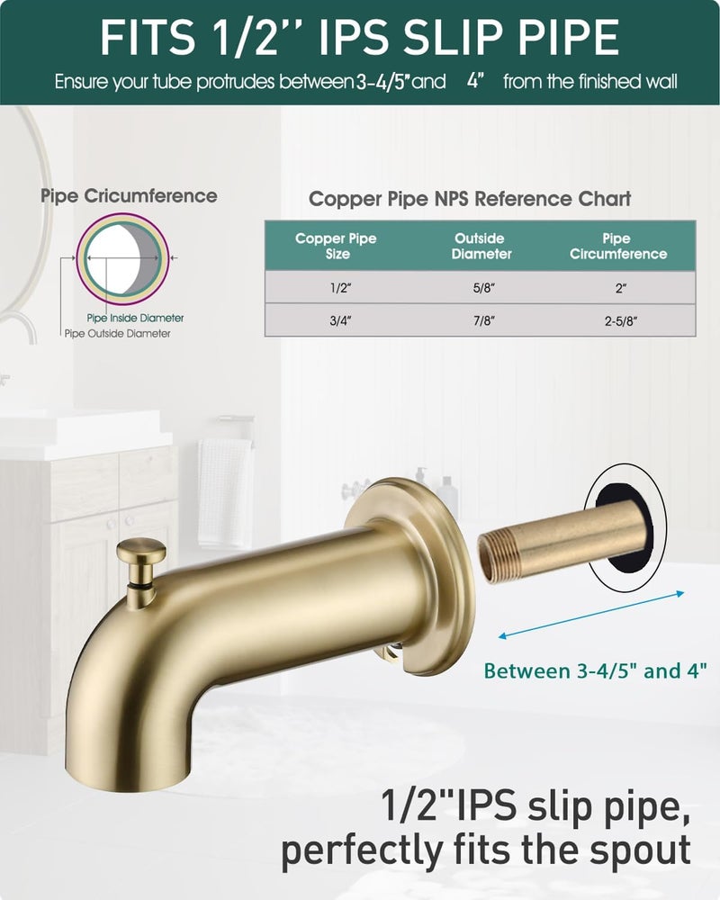 LOCALAND Extra Long Tub Spout with Diverter, Fits for 1/2" IPS Threads,Brushed Gold - Image 2