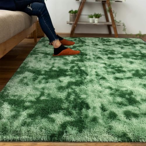 DweIke Fluffy Sage Green Shag Rugs for Bedroom Living Room 3x5 Feet Soft Plush TieDyed Mint Green Girls Boys Kids Rug NonSlip and Machine Washable Carpet for Dorm Nursery Classroom Decor - Image 3