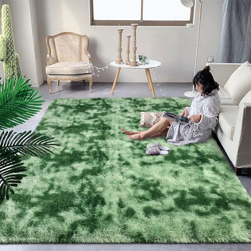 DweIke Fluffy Sage Green Shag Rugs for Bedroom Living Room 3x5 Feet Soft Plush TieDyed Mint Green Girls Boys Kids Rug NonSlip and Machine Washable Carpet for Dorm Nursery Classroom Decor - Image 1