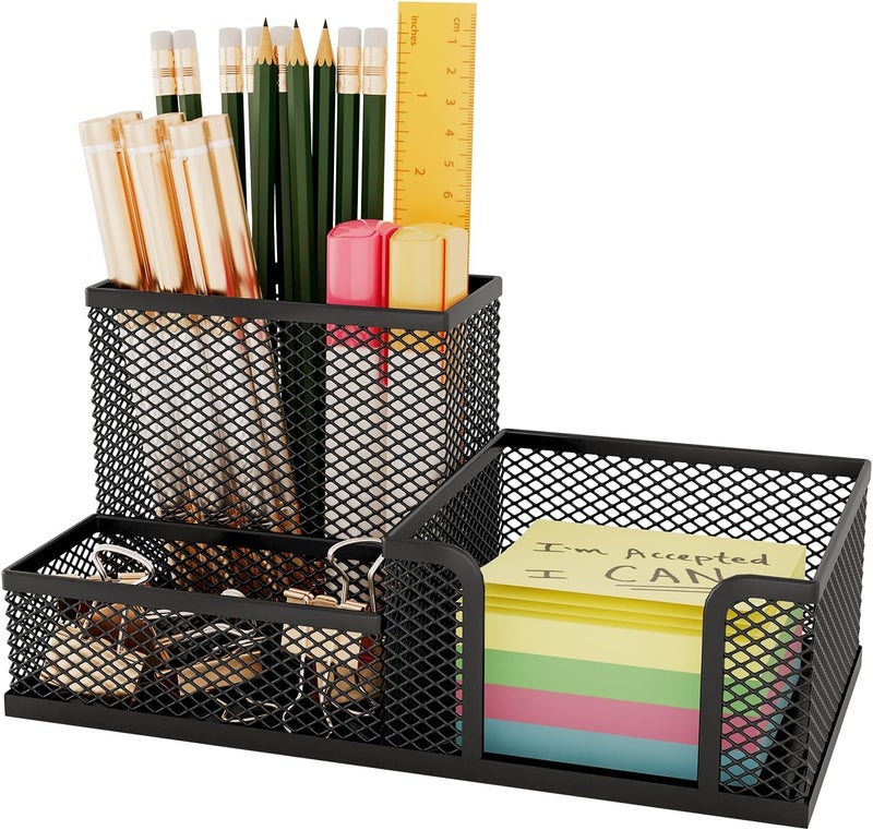 حامل أقلام شبكي للمكتب، منظم مكتبي بثلاثة أقسام للأقلام وأقلام الرصاص والملاحظات اللاصقة وملحقات المكتب - Image 1
