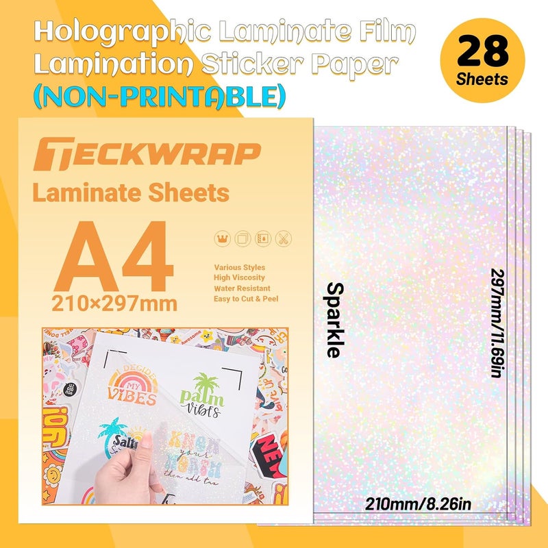 TECKWRAP Holographic Laminate Sheets Waterproof Laminating Sheets - A4 Clear Vinyl Self Adhesive UV Laminate DIY Printable Vinyl Sticker Paper for Inkjet Printer 8.26" x 11.69" 28 Sheets, Sparkle - Image 2