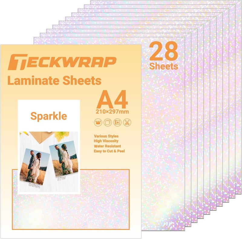 TECKWRAP Holographic Laminate Sheets Waterproof Laminating Sheets - A4 Clear Vinyl Self Adhesive UV Laminate DIY Printable Vinyl Sticker Paper for Inkjet Printer 8.26" x 11.69" 28 Sheets, Sparkle - Image 1