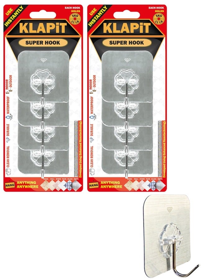 KLAPiT KLAPiT SUPER HOOK - Heavy Duty Adhesive Wall Hooks, Silver, 8pc - Holds Up To 5Kg - Waterproof, Damage-Free Removal  - Image 1
