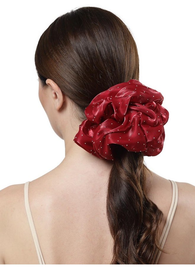 Vogue Hair Accessories - Maroon Satin Fabric Trendy Stylish Pony Tie Scrunchies For Girls And Women (Big Size) - Image 1