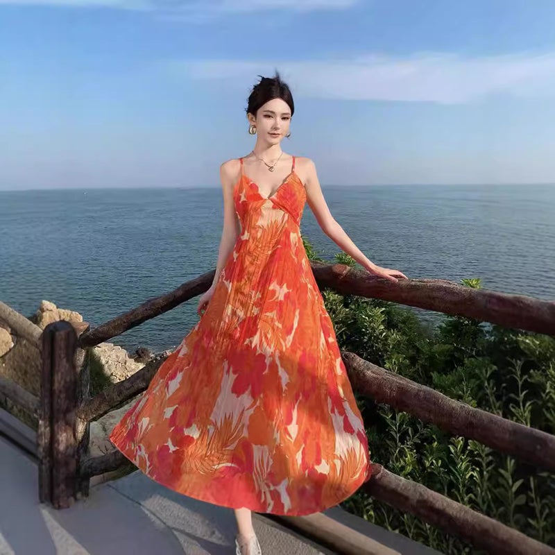 Women's 2024 Summer Orange Floral Pleated Cami Dress - Image 1