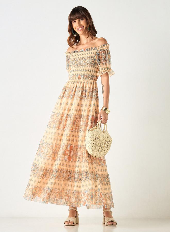 تواكستريمز فستان مكشوف الأكتاف بطبعات وتفاصيل كشكش من تو إكستريمز - Image 1