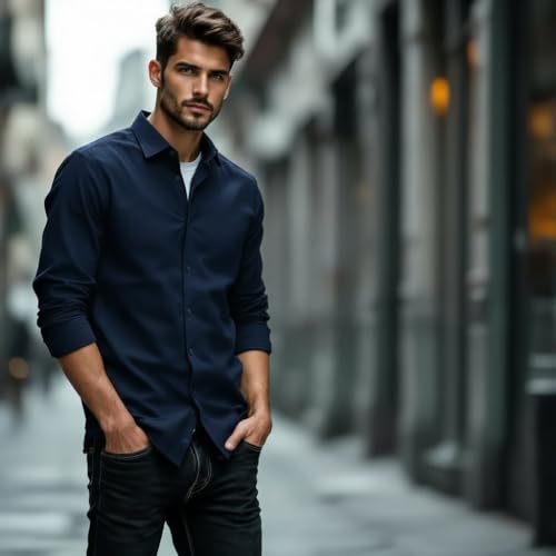 Glowic Men's Plain Casual Shirt | Cotton Soft & Breathable Fabric | Full Sleeve Comfort Fit Stylish Solid Shirts for Office (in, Alpha, S, Regular, Navy Blue) - Image 2