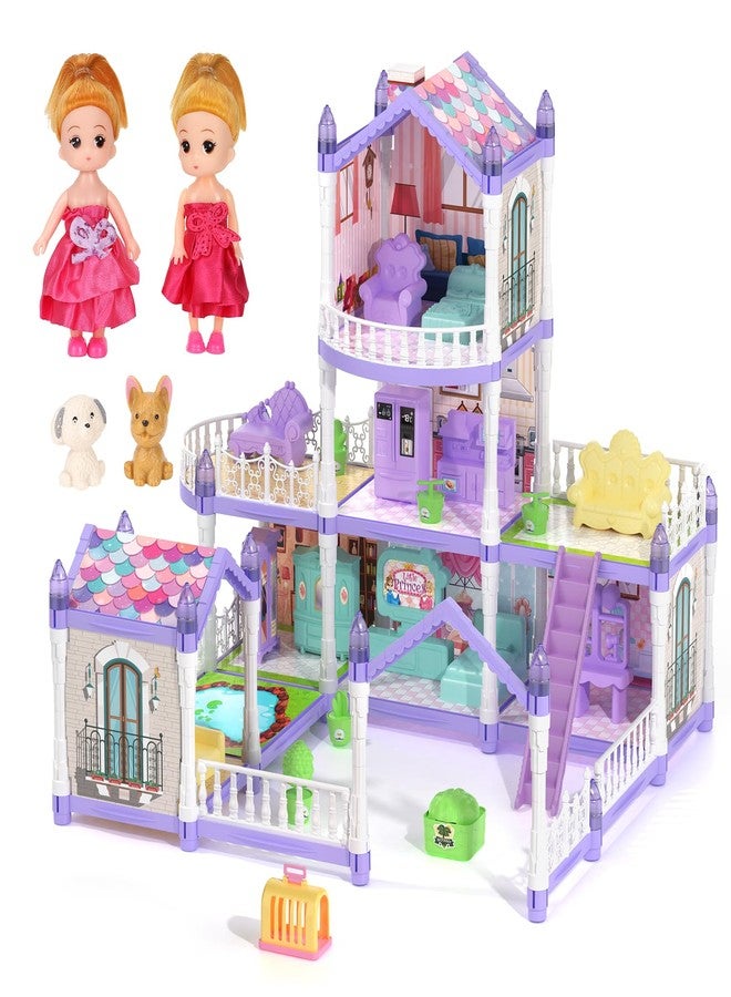 Randhar Lilac Purple Doll House for Girls, Dream Dollhouse 9 Rooms with 2 Dolls, Lights, Animals, Furniture and Accessories, Pretend-Play Toddler Playhouse Gift 3 4 5 6 7 8 9 10+ Year Old Girls Toys - Image 1