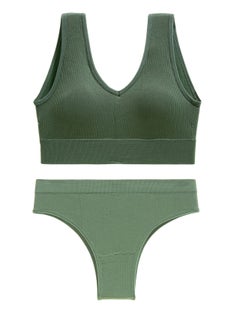 Loquat Women's Solid Color Fitness Set 2-piece Seamless Wireless Bra+Low Waisted Thong Shorts Yoga Suit Olive Green 