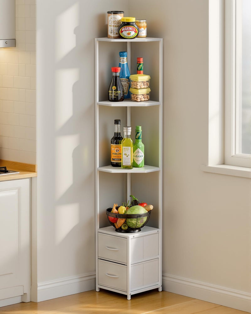 Housolution Corner Shelf Stand with Storage, 63.4'' Tall 6-Tier Corner Bookshelf Includes Fabric Drawers, Freestanding Corners Storage Shelf for Living Room Bedroom Kitchen Bathroom (White) - Image 5