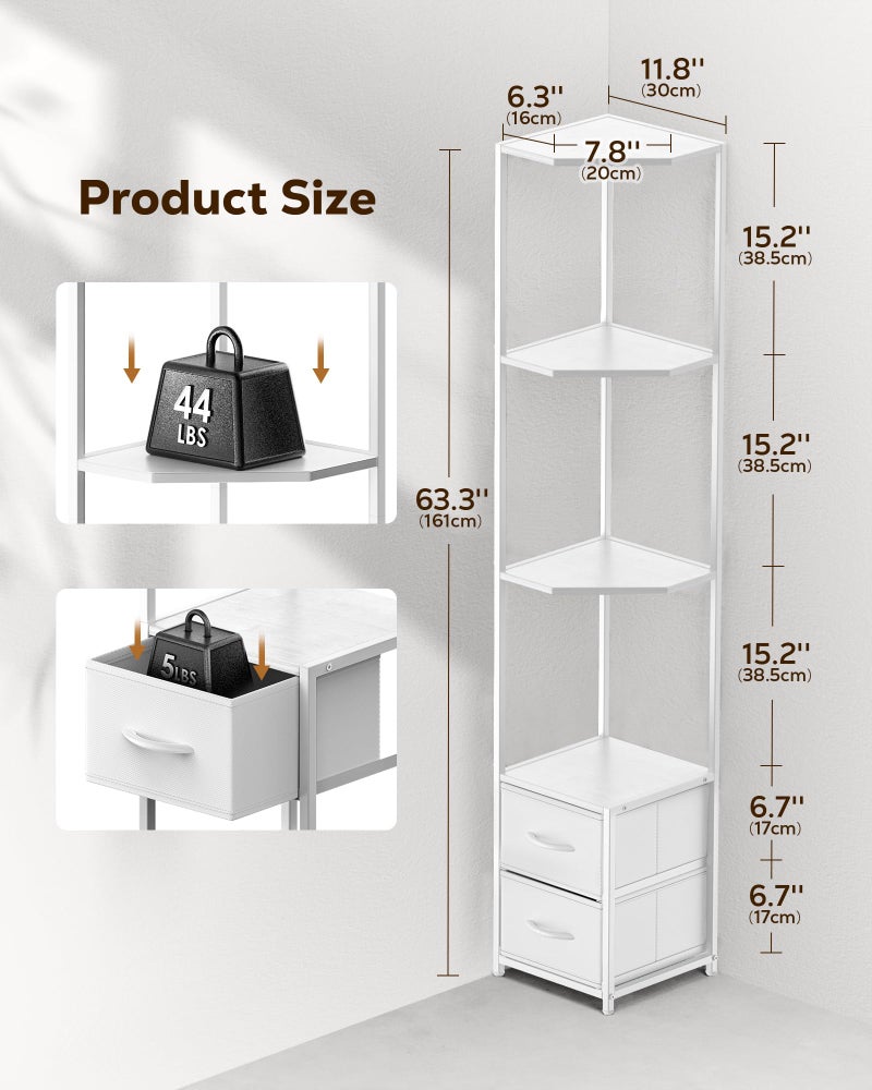 Housolution Corner Shelf Stand with Storage, 63.4'' Tall 6-Tier Corner Bookshelf Includes Fabric Drawers, Freestanding Corners Storage Shelf for Living Room Bedroom Kitchen Bathroom (White) - Image 2