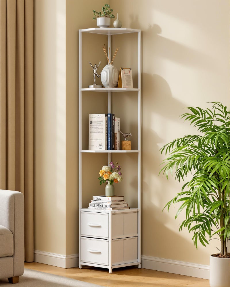 Housolution Corner Shelf Stand with Storage, 63.4'' Tall 6-Tier Corner Bookshelf Includes Fabric Drawers, Freestanding Corners Storage Shelf for Living Room Bedroom Kitchen Bathroom (White) - Image 1
