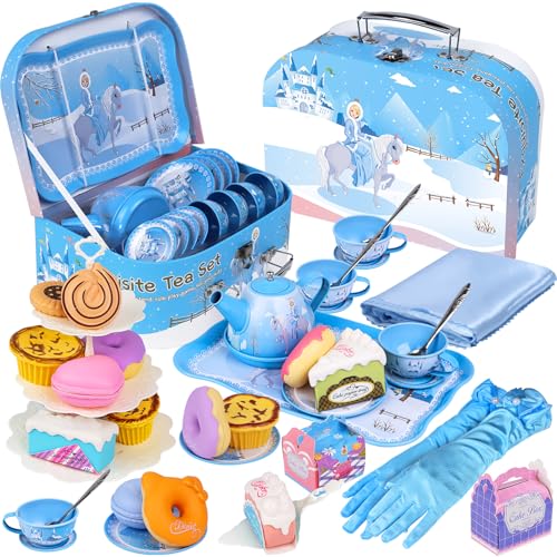 PRE-WORLD PREWORLD Tea Party Set for Little Girls 46Pcs Princess Tea Time Toy Including DessertCookiesDoughnutTeapot Tray CakeTableclothGloves  Carrying CaseKitchen Pretend Play for Girls Boys Age 36 - Image 1
