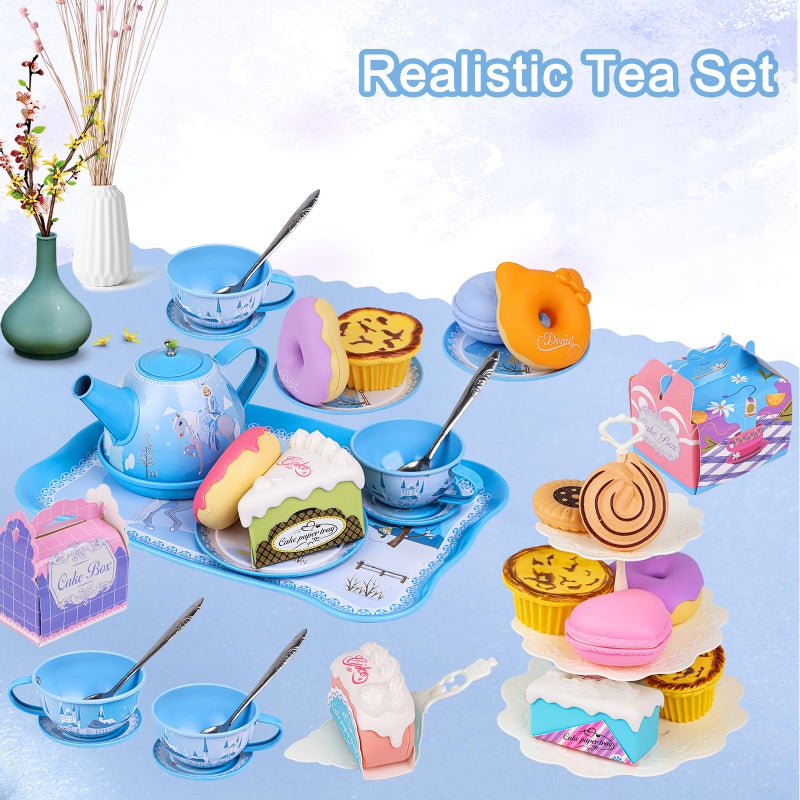 PRE-WORLD PREWORLD Tea Party Set for Little Girls 46Pcs Princess Tea Time Toy Including DessertCookiesDoughnutTeapot Tray CakeTableclothGloves  Carrying CaseKitchen Pretend Play for Girls Boys Age 36 - Image 3
