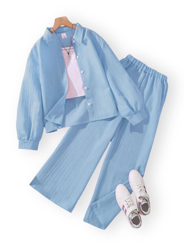 Niren Enterprise Girls' 2-Piece Co-Ord Blue Shirt & Pants, Soft Fabric, Casual Wear, Relaxed Fit for Kids Set - Image 1