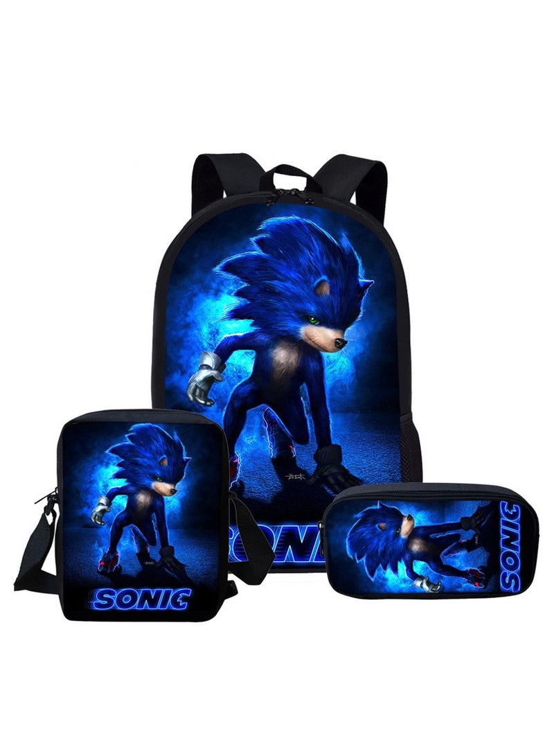 Sonic Primary School Backpack Cartoon Anime Backpack Messenger Bag Pencil Case Three-Piece Set 29*16*42cm