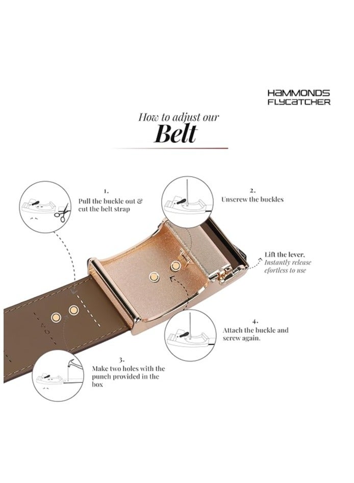  هاموندز فلاي كاتشر حزام جلدي للرجال، حزام جلدي فاخر مزود بآلية قفل تلقائي، حزام رجالي جلدي يحمل علامة تجارية مع قفل منزلق، تصميم أنيق بذيل مخفي للارتداء اليومي - Image 4