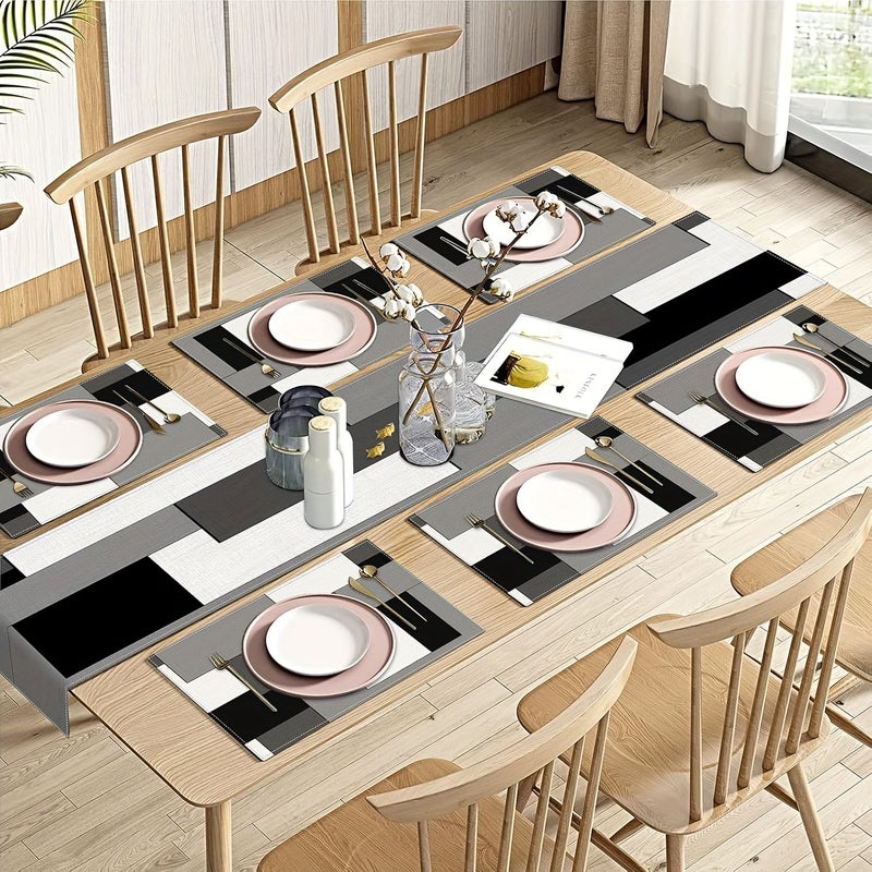 1 Table Runner And 4 Placemats Set Black Gray Abstract Geometric Pattern Modern Dining Table Decor Suitable For Everyday Use - Image 2