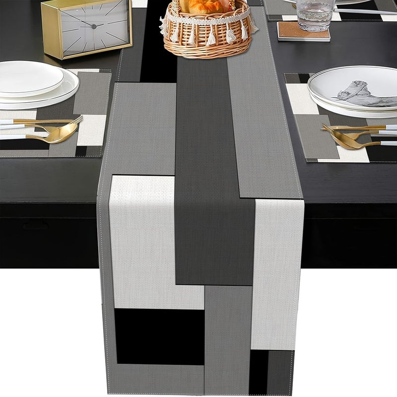 1 Table Runner And 4 Placemats Set Black Gray Abstract Geometric Pattern Modern Dining Table Decor Suitable For Everyday Use - Image 5
